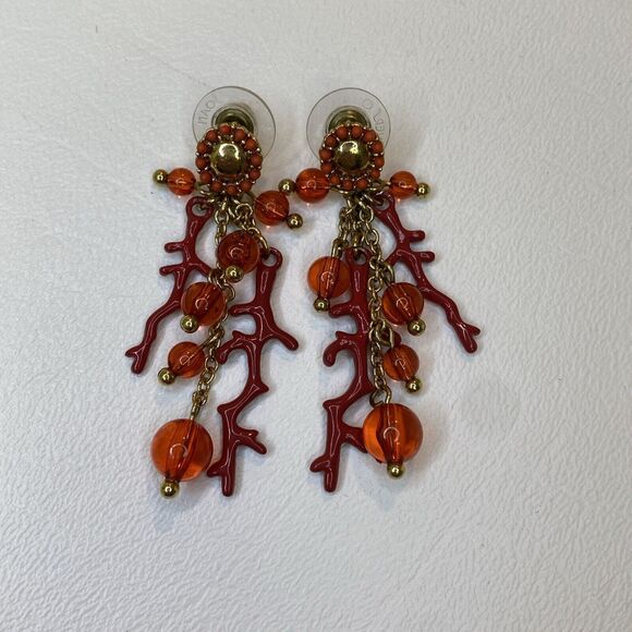Joan Rivers Enamel Faux Coral Branch Beaded Dangle Post Earrings Red - Picture 1 of 7